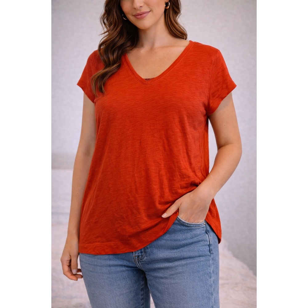 Loft Vintage Soft V-Neck Tee Orange Red Short Sleeve Slub Knit Top Womens Medium